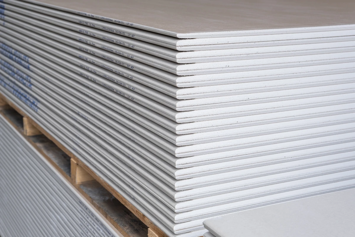 Stack of certified gypsum boards prepared for safe and durable construction